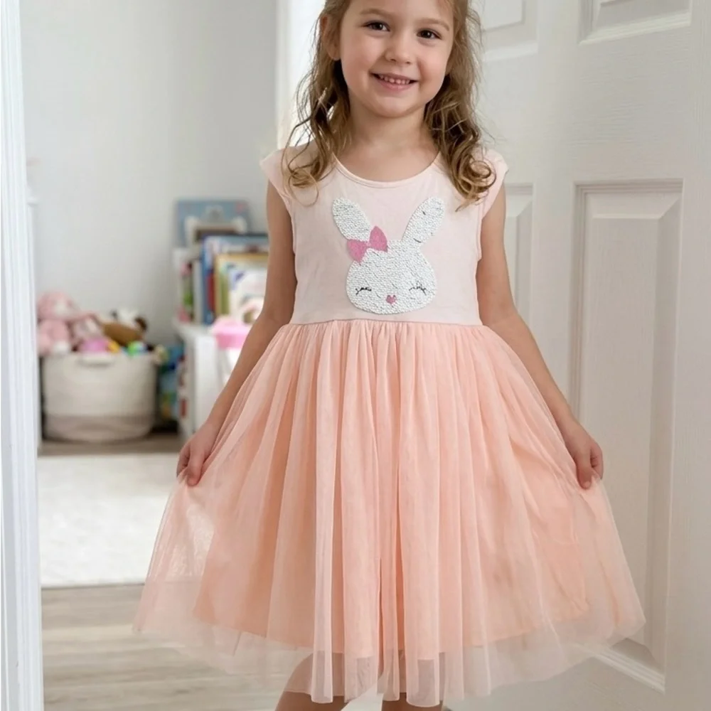Sparkly Sequined Bunny Party Girls Dress - Picture 2 of 5